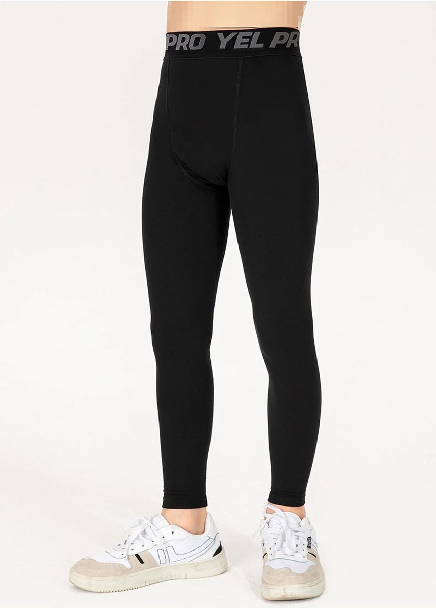 Chibaa - Jongens Thermisch Sport Legging - Thermo Sportbroek - Gymmen - Voetbal - Trainen - Elastisch - Zwart - Maat: 130-140 - 9/10 Jaar