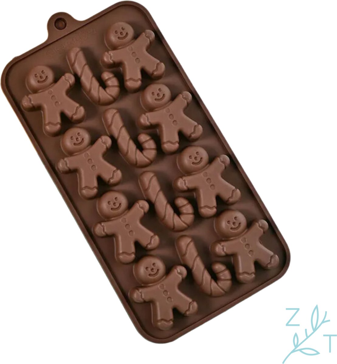 ZijTak - Silicone Chocoladevorm - 12 figuren - Kerst - Gingerbread man - Zuurstok - Bruin