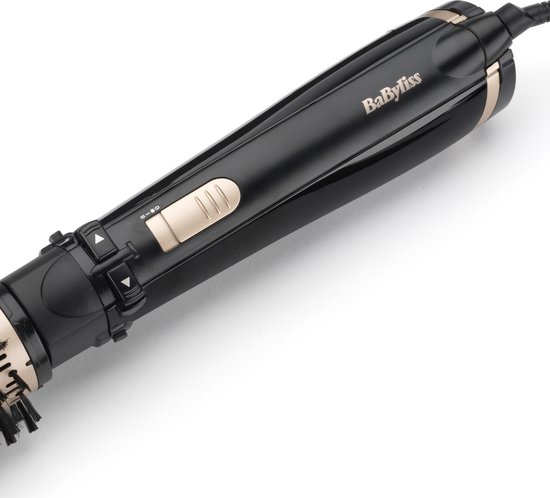 Close-up van de zwarte BaByliss roterende föhnborstel met gouden instellingen.
