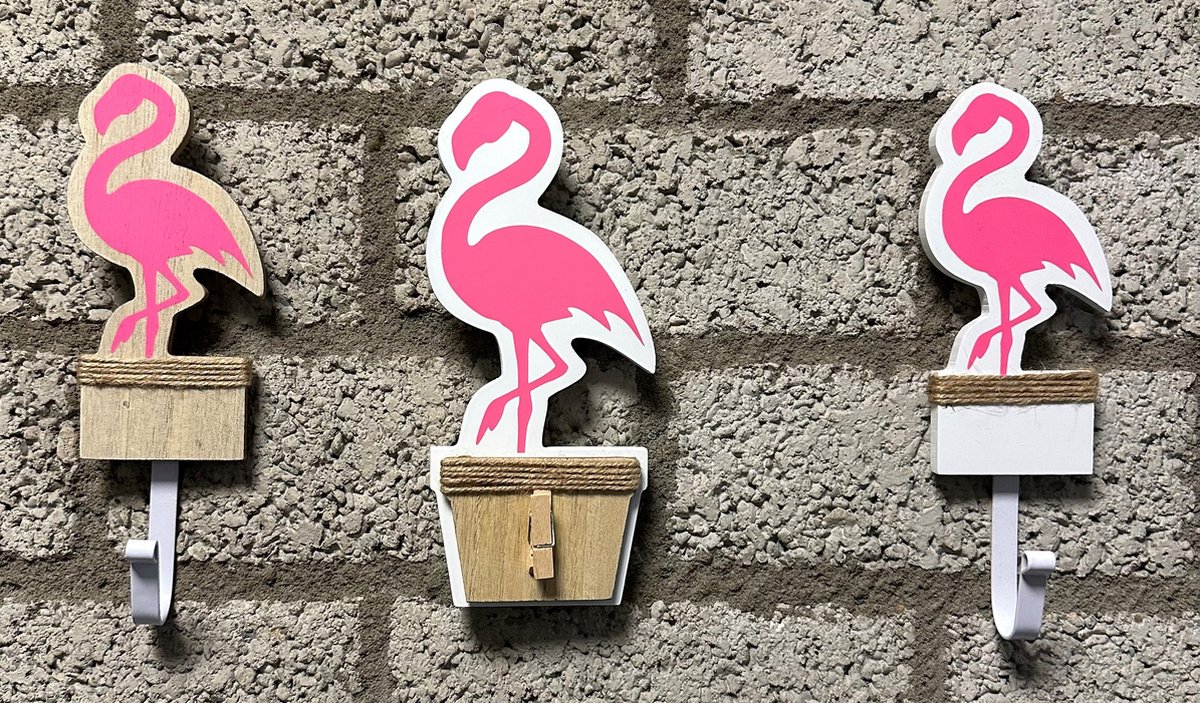 Impuls Decoratieve houten wandhaak flamingo Set van 3 stuks Houtkleurig + roze hoogte 22 x 6.5 x 1 cm Woonaccessoires Wandhaken Flamingo's