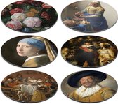 Set van 6 onderzetters voor glazen - Verschillende Hollandse meesters (Rembrandt, Vermeer, De Heem, Hals, Steen) - Onderzetters van dibond (aluminium) met zwarte achterzijde - Diameter 10 cm - Gemaakt in Nederland