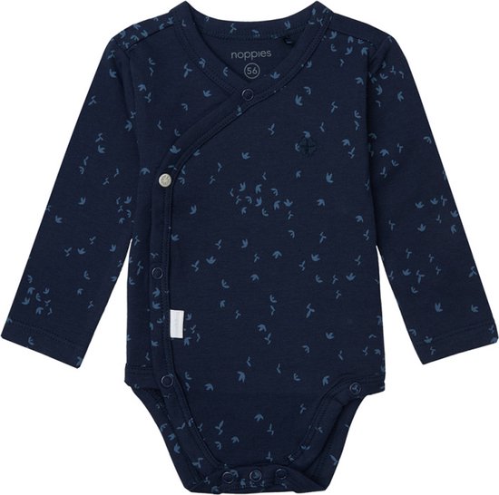 Body bleu foncé à manches longues, fermeture portefeuille et imprimé intégral de petits oiseaux.