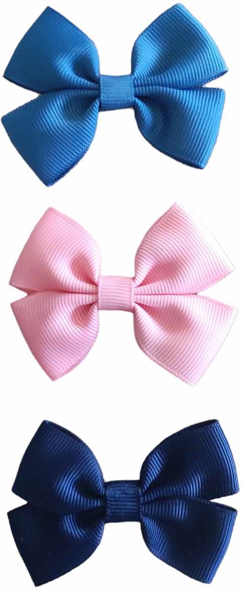 Haarspeldjes met strik - Setje van 3 - Haaraccessoires voor Meisjes - Jeansblauw, Roze & Donkerblauw