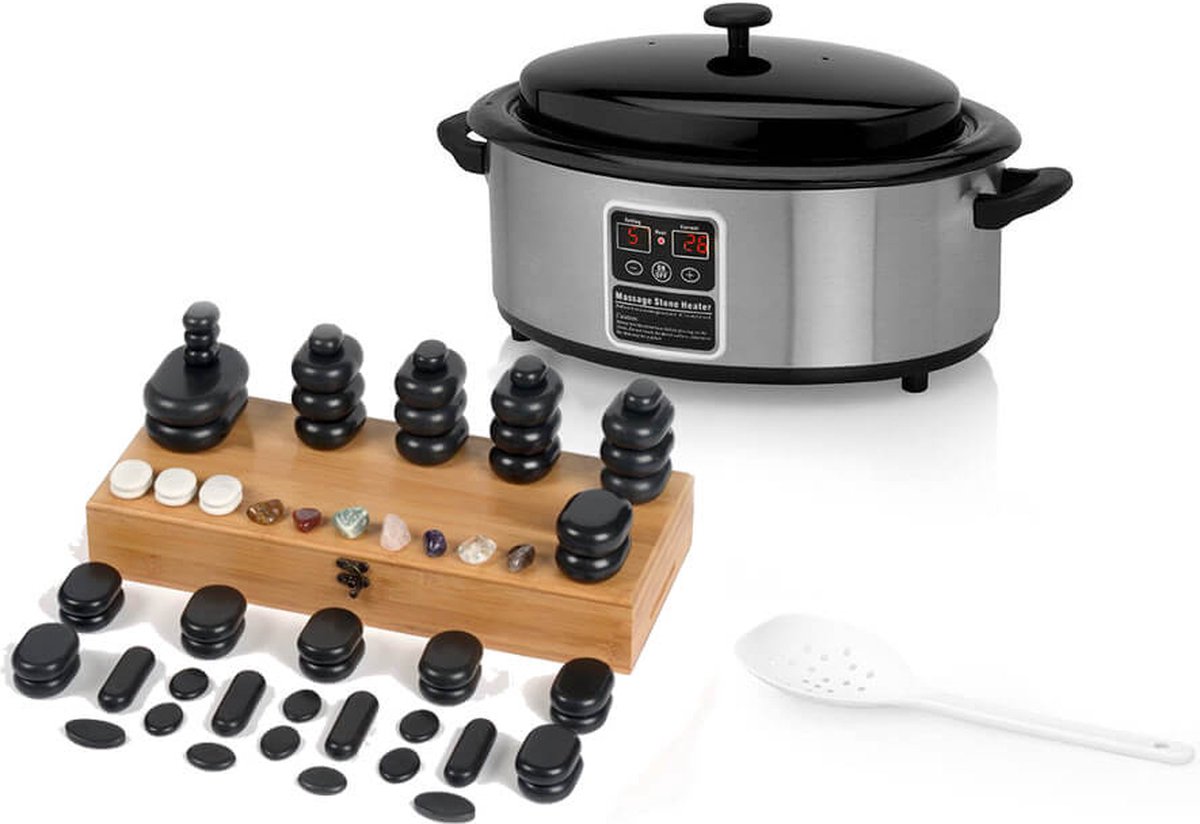 Goedkoopste ZenGrowth® Hotstoneset – 64 Hotstones – 6 Liter Hotstone Heater – Inclusief Houten Lepel – Elektronisch display – Snelle opwarmtijd – Digitale temperatuurregeling – 100 basaltsteen