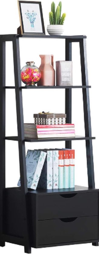 Boekenkast, staand rek met 2 laden en 2 planken, modern ladderrek, tentoonstellingsrek voor thuis, kantoor, badkamer, 52 x 40 x 133 cm, zwart