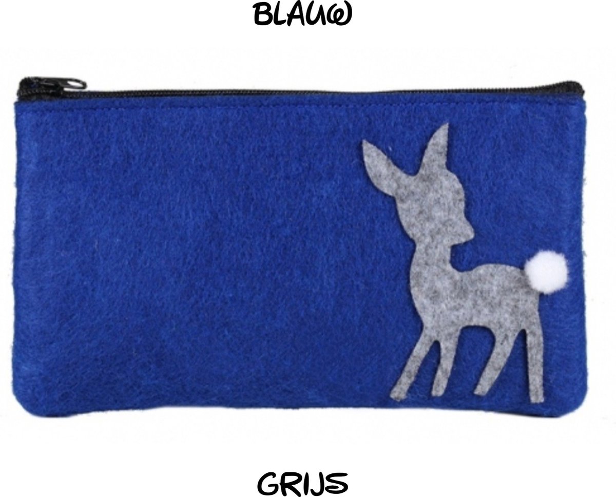 Huiscollectie - My Little Nature - Make Up tasje / pennen etui / toilet tasje - Hertje Bambi - Blauw Grijs - 18,5 x 10,5 x 1 cm - kinderen tieners volwassen - casual