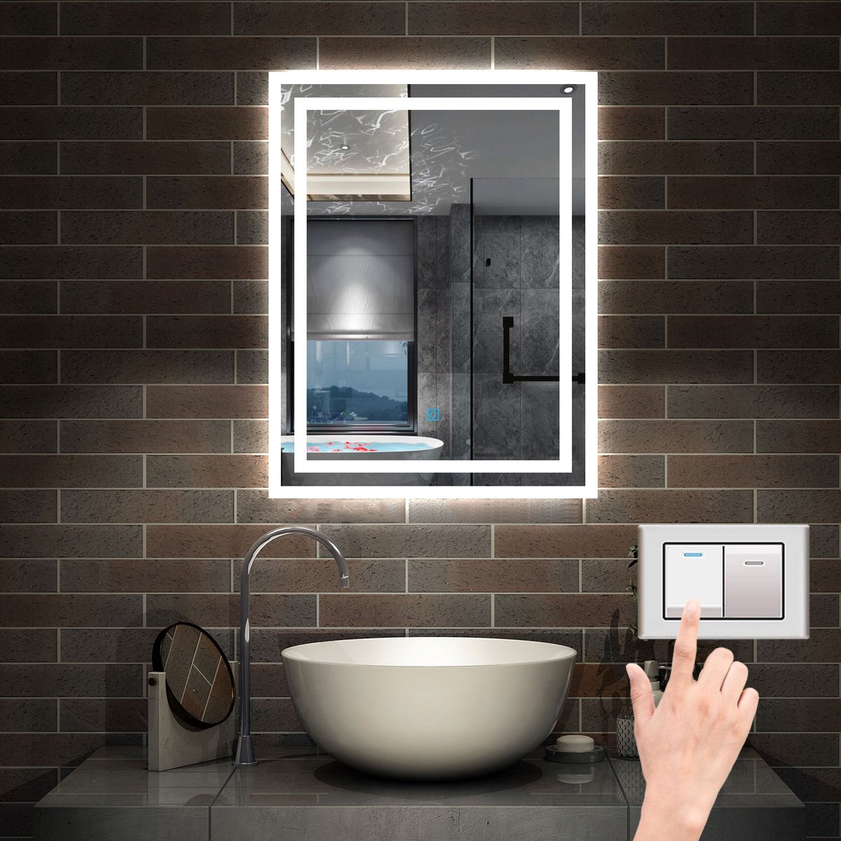 LED badkamerspiegel rechthoekig 70x50cm 3 lichtkleur 2700-6500K, aanraking, anti condensatie, koud/neutraal/warm wit regelbaar licht, power off geheugenfunctie, IP44