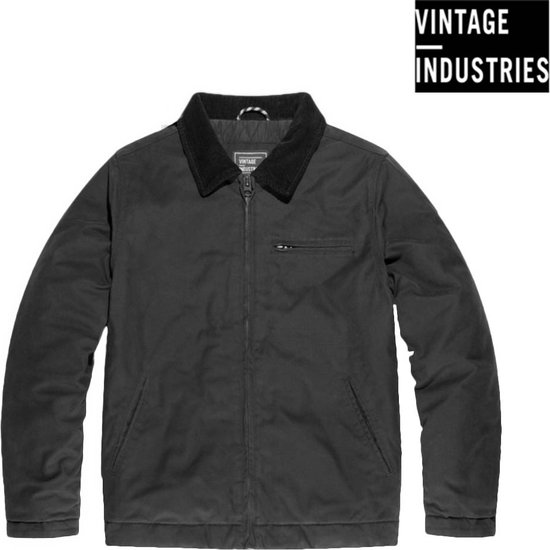 Zwarte jas van Vintage Industries met corduroy kraag en ritssluiting. Borstzak met rits.