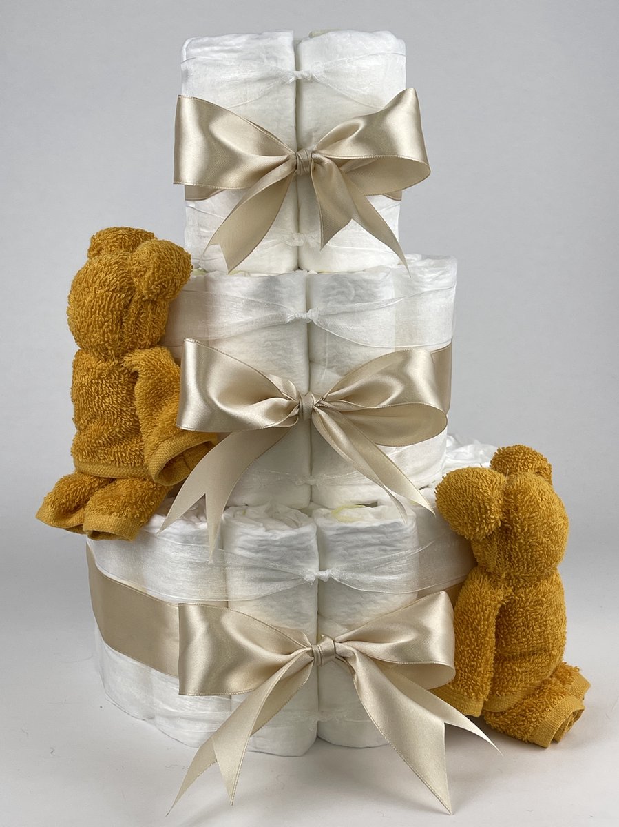 Goedkoopste Chouette-Chouette | Luiertaart Neutraal | Kraamcadeau | Geboorte Jongen Meisje | Babyshower | Beren Oker - Beige