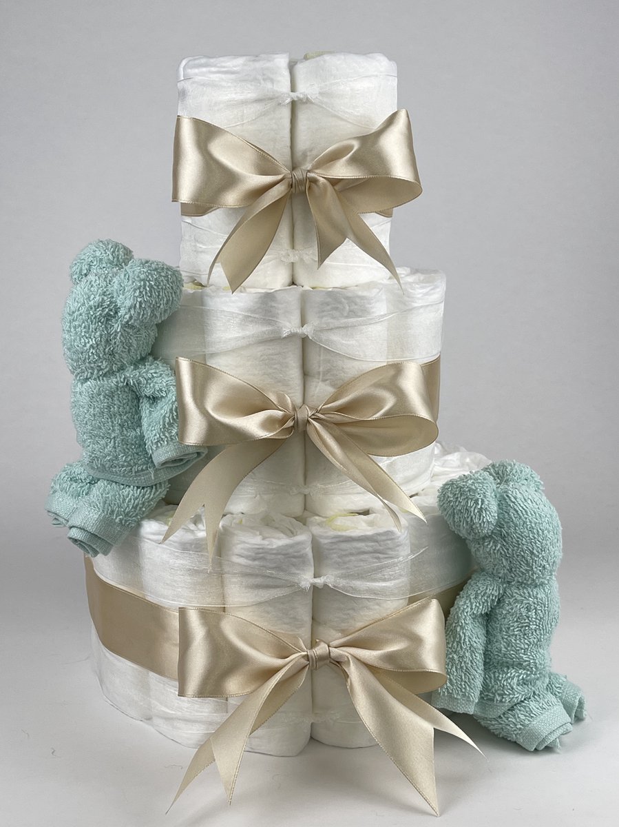 Goedkoopste Chouette-Chouette | Luiertaart Neutraal | Kraamcadeau | Geboorte Jongen Meisje | Babyshower | Beren Mint groen - Beige