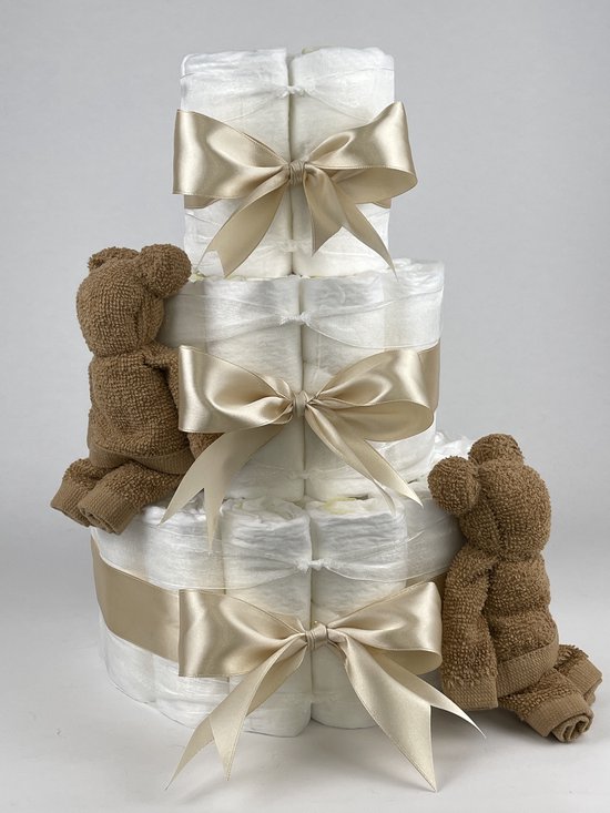 Foto: Chouette chouette luiertaart neutraal kraamcadeau geboorte jongen meisje babyshower beren sand beige