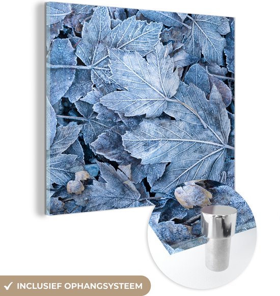 MuchoWow® Glasschilderij 50x50 cm - Schilderij acrylglas - Winter - Bladeren - IJs - Seizoenen - Foto op glas - Schilderijen
