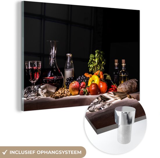 MuchoWow® Glasschilderij 150x100 cm - Schilderij acrylglas - Stilleven - Eten - Drinken - Fruit - Zwart - Foto op glas - Schilderijen