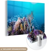 MuchoWow® Glasschilderij 30x20 cm - Schilderij acrylglas - Koraalrif in een diepblauwe zee - Foto op glas - Schilderijen