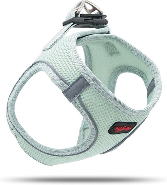 Harnais léger pour chien en maille aérée vert pâle avec bordures violettes et grises, une boucle métallique et le logo Tailpetz.