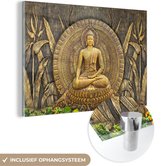 MuchoWow - Glasschilderij - Foto op glas - Boeddha - Zen - Brons - Buddha beeld - Muurdecoratie Boeddha - Wanddecoratie - 60x40 cm - Schilderij glas - Acrylglas