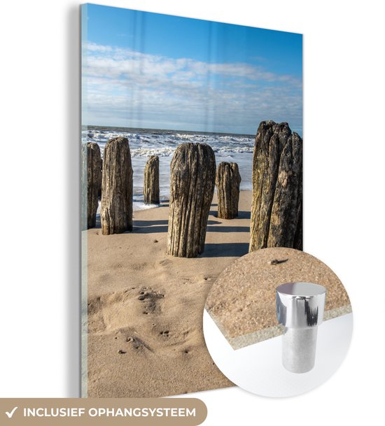 Glasschilderij - Acrylplaat - Strand - Zee - Golf - Foto op glas - Schilderij glas - Acrylglas - Wanddecoratie - Kamerdecoratie - 60x80 cm - Schilderijen woonkamer