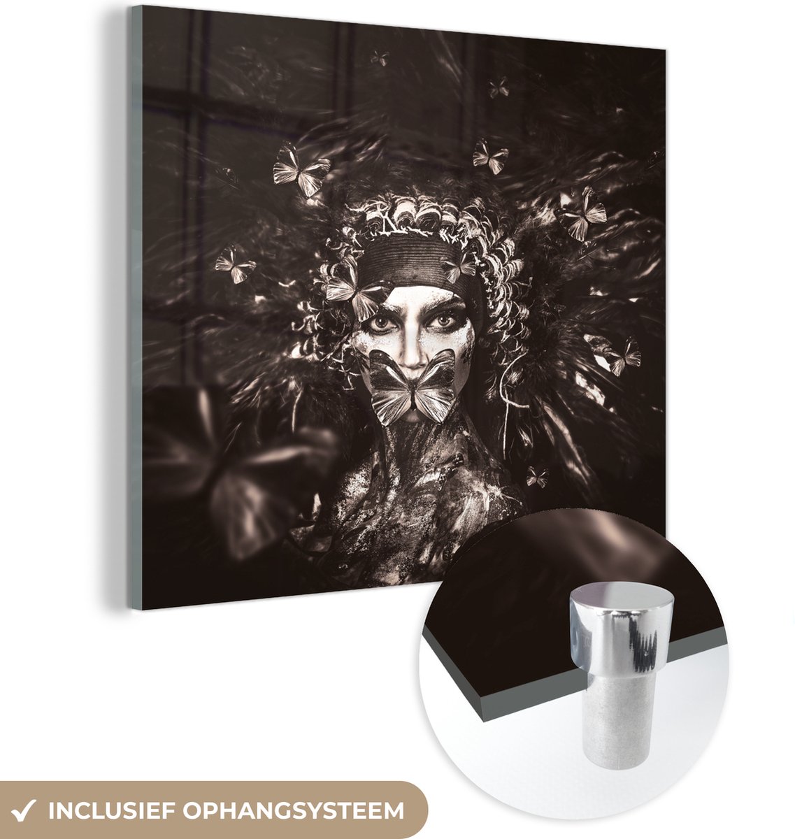 ® Glasschilderij 20x20 cm - Schilderij acrylglas - Vrouw - Verf - Luxe - Foto op glas - Muurdecoratie woonkamer - Wanddecoratie slaapkamer - Schilderijen
