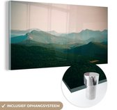 MuchoWow® Glasschilderij 160x80 cm - Schilderij acrylglas - Bos - Mist - Pastel - Foto op glas - Schilderijen