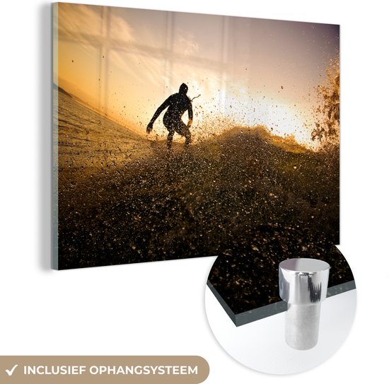 MuchoWow® Glasschilderij 120x80 cm - Schilderij acrylglas - Surfer silhouet - Foto op glas - Schilderijen