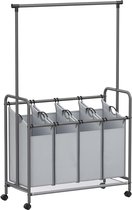 FurnStar Wasmand 4 vakken - Wassorteerder - Incl. Kledingstang - Op Wieltjes - 4x50L - Grijs