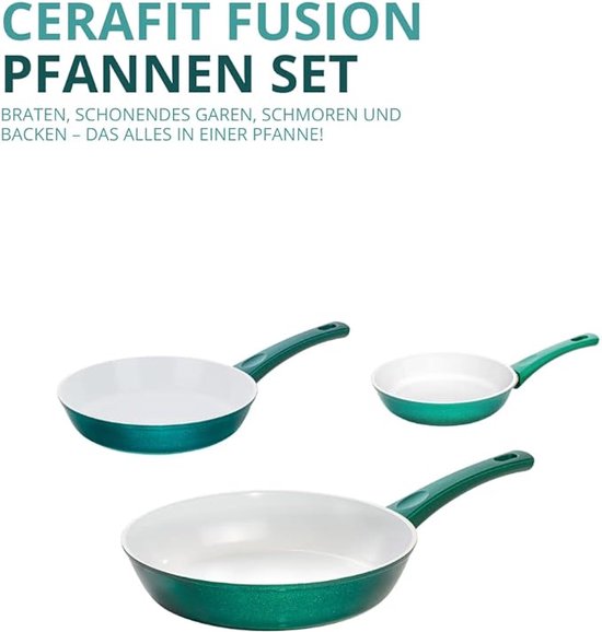 Cerafit Fusion braadpannenset, inductie keramische pannen (3 delen) in smaragdgroen... bol