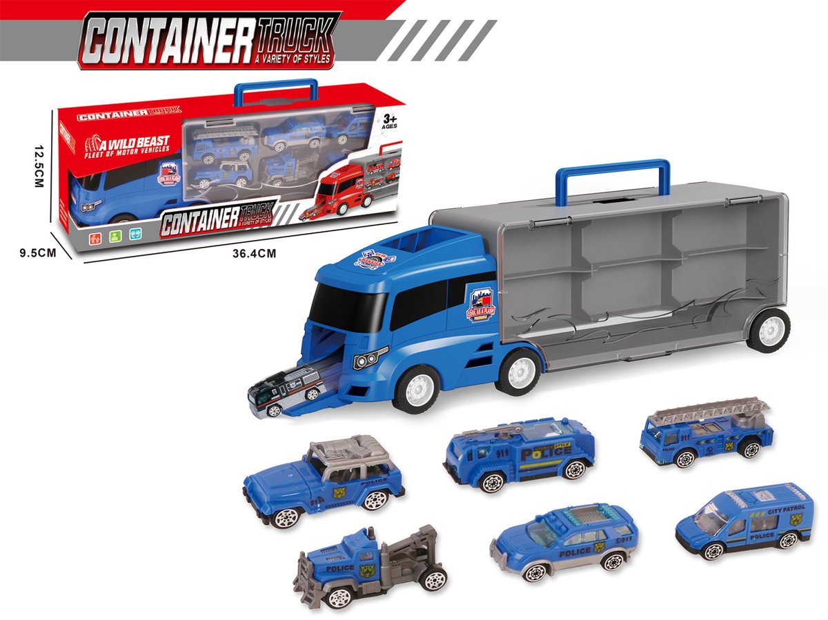 Vrachtwagen set Politie - transporter - 6-delig - Container truck koffer - 36.4 cm