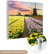 MuchoWow® Glasschilderij 20x20 cm - Schilderij acrylglas - Windmolen - Tulpen - Bloemen - Nederland - Foto op glas - Schilderijen