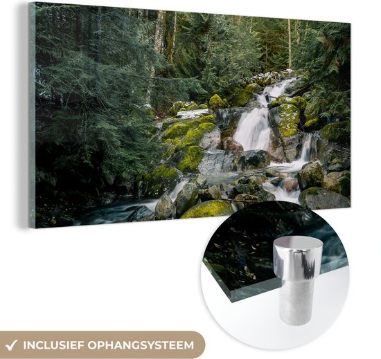 MuchoWow® Glasschilderij 40x20 cm - Schilderij acrylglas - Natuur - Waterval - Bomen - Herfst - Foto op glas - Schilderijen