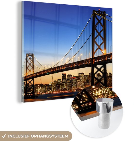 MuchoWow® Glasschilderij - Brug - San Francisco - Skyline - 20x20 cm - Acrylglas Schilderijen - Foto op Glas