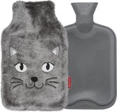 Bouillotte avec housse en peluche et visage de chaton - Jusqu'à 6 heures de chaleur - Merveilleusement douce - Bouillotte sûre - 1,8 litres - Chat gris
