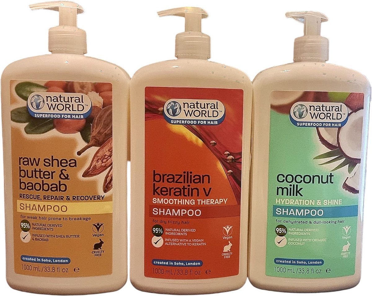 AliRose - Natural World - 6 - 12 Maanden Voorraad - Shampoo Bundel - 3x 1L - 3 Liter - 95% Natuurlijke Ingrediënten - Vegan Keratine - Shea boter -Kokos Melk