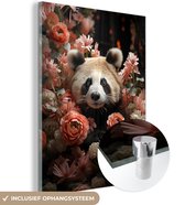 MuchoWow® Glasschilderij 60x80 cm - Schilderij acrylglas - Panda - Dier - Bloemen - Natuur - Botanisch - Foto op glas - Schilderijen