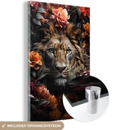 MuchoWow® Glasschilderij 80x120 cm - Schilderij acrylglas - Leeuw - Dier - Natuur - Bloemen - Botanisch - Foto op glas - Schilderijen