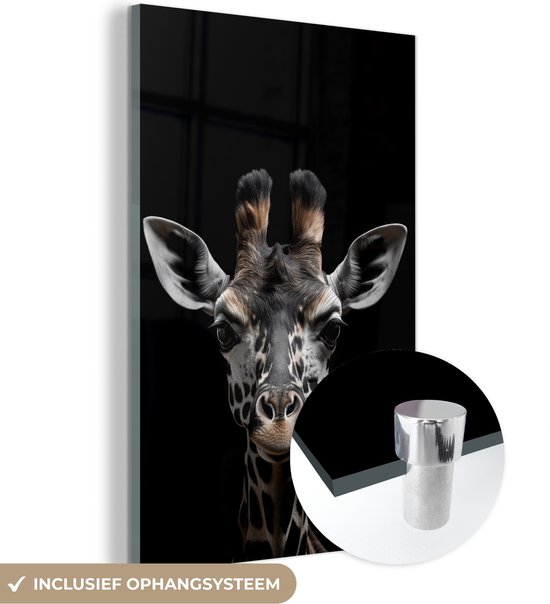 MuchoWow® Glasschilderij 80x120 cm - Schilderij acrylglas - Giraf - Portret - Zwart - Dier - Foto op glas - Schilderijen