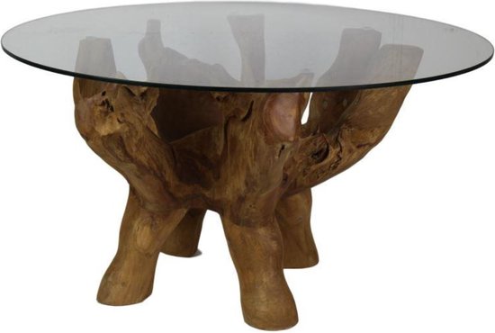 Table basse avec plateau en verre - vieux bois de racine de teak ø60x45 (verre ø 90cm)