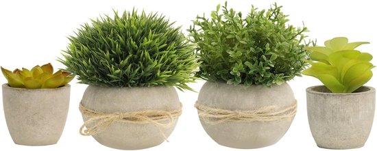 FUNARTY Kunstmatige vetplanten in potten, valse vetplanten, kleine nepplanten in pot, mini-nepplanten in witte keramische potten, set van 5, bureauplant voor thuis, badkamer, kleine ruimtes, decoratie