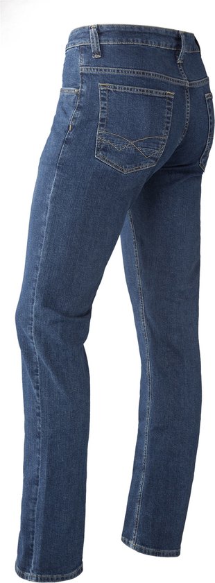 Blauwe stretch jeans met kontzakken en stiksels.