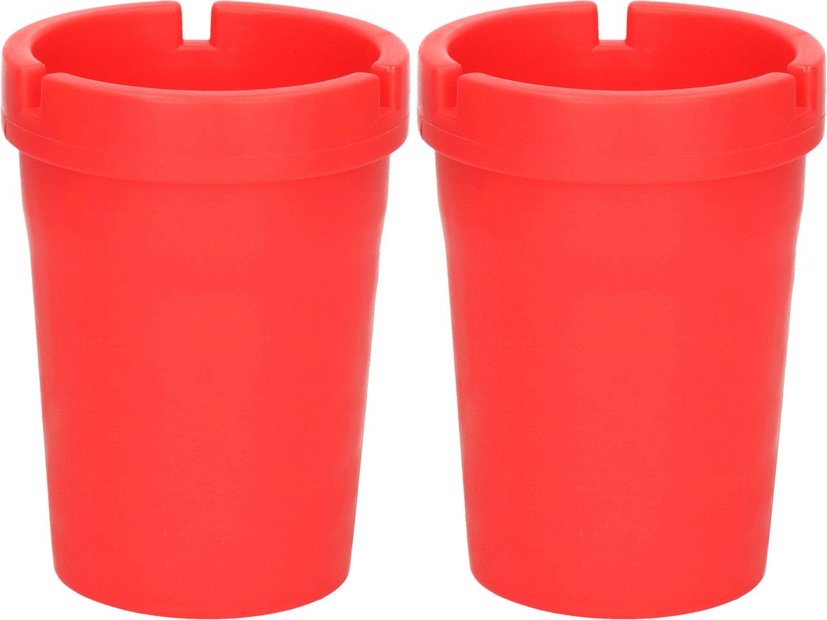 Goedkoopste Auto/strand/tuin asbak met deksel - 2x - kunststof - rood - 11 x 8 cm