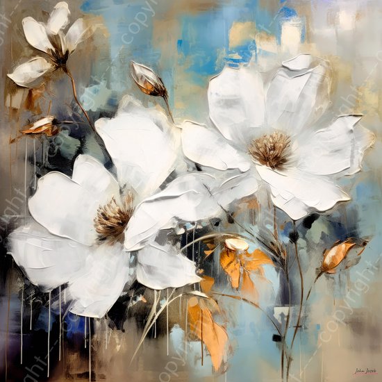 JJ-Art (Canvas) 60x60 |Bloemen in abstract geschilderde stijl, wit, bruin, blauw, kunst | plant, bloem, vierkant, modern | Foto-Schilderij canvas print (wanddecoratie)