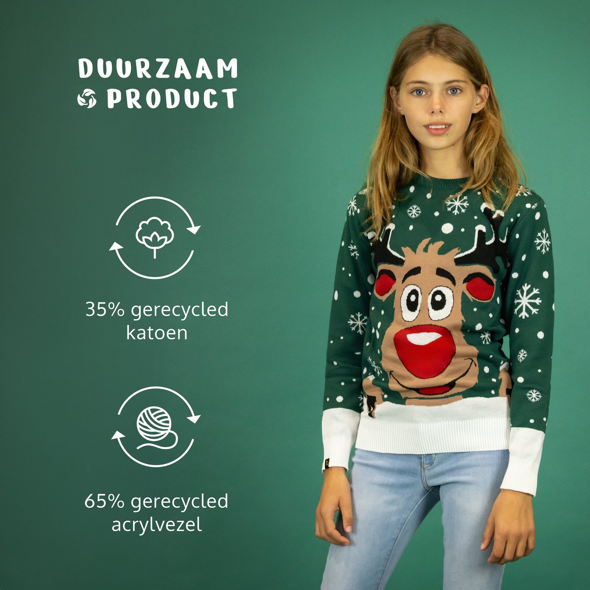 JAP Christmas Kersttrui voor kinderen (maat 98/104) - 100% Gerecycled - Kriebelt niet - Kerstcadeau - Foute Kersttrui jongens en meisjes (3/4 jaar) - Rudolf het Rendier - Groen — afbeelding 5