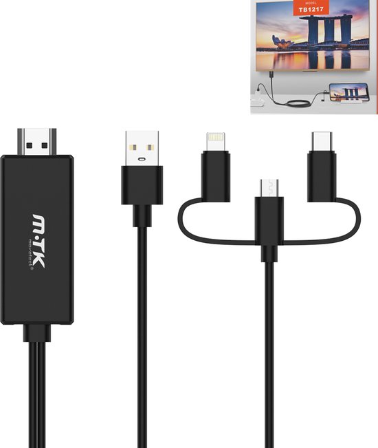 3-in-1 HDMI-kabel Telefoon naar TV, Projector of monitor | USB-C naar HDMI Kabel | Onten 1080P USB / Type-C / Lightning / Micro naar HDMI
