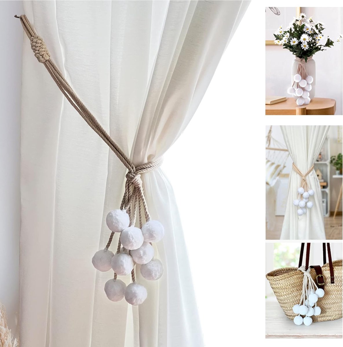 Set van 2 Decoratieve Gordijnopeners met Katoen en Witte Pompons