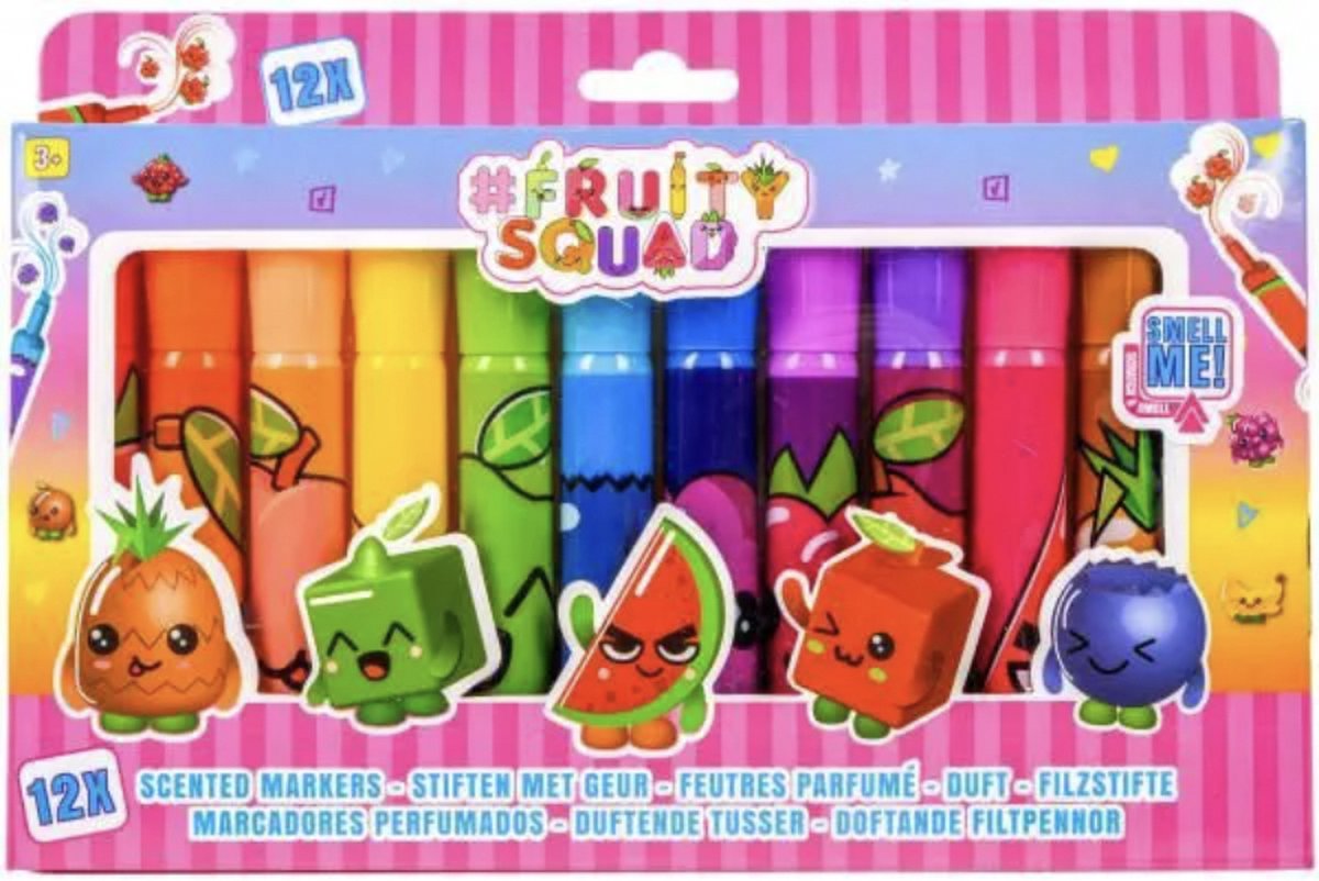 Fruitysquad XL Stiften met Fruit Geur 12 Stuks Stiften met Geur Grote Geurstiften Hoge Kwaliteit Fruit Geur Stiften Kleine Stiften Set Merk: Kleuren Tekenen & Schilderen voor Kinderen Geurstiften Tekenen met Geur Smaak