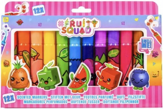 Set van 12 #FruitySquad geurende stiften met fruitmotief, waaronder een ananas, groene appel, watermeloen, sinaasappel en bosbes.