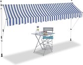 Relaxdays markies - klem-zonwering - zonnescherm balkon hoogte - verstelbaar - blauw-wit - 350 x 120 cm