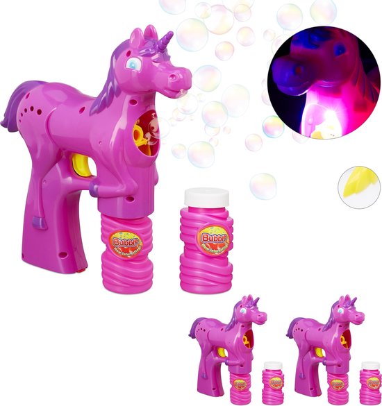 Relaxdays 3x bellenblaas pistool eenhoorn - LED - bellenblaasmachine - unicorn - roze