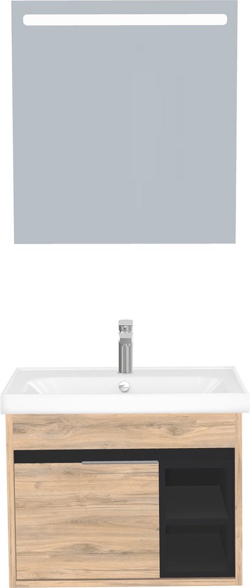 Aachen Badkamermeubel Set 65 cm Dorado – Met LED Spiegel, Softclose Semi-Handgreep, 1 Deur, Keramische Wastafel