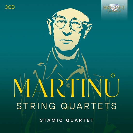 CD-hoes met een portret van Bohuslav Martinů, 'Bohuslav Martinů String Quartets' en 'Stamic Quartet'.
