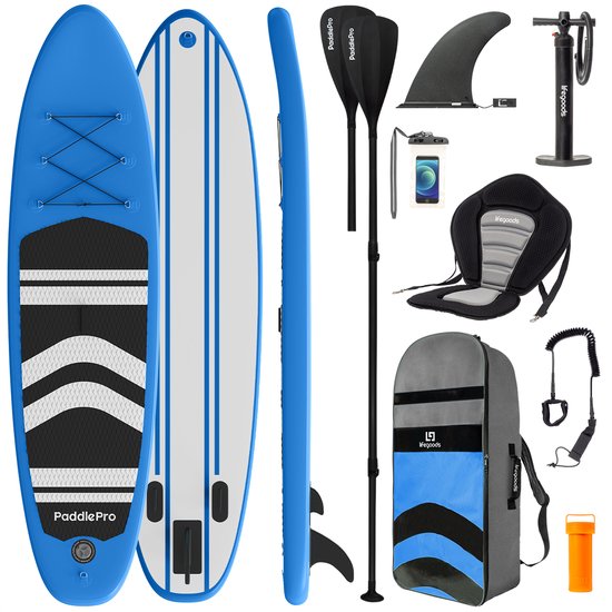 LifeGoods PaddlePro SUP Board - met Zitje - Opblaasbaar Paddle Board - Complete Set - Max. 135KG - 320x81cm - Blauw